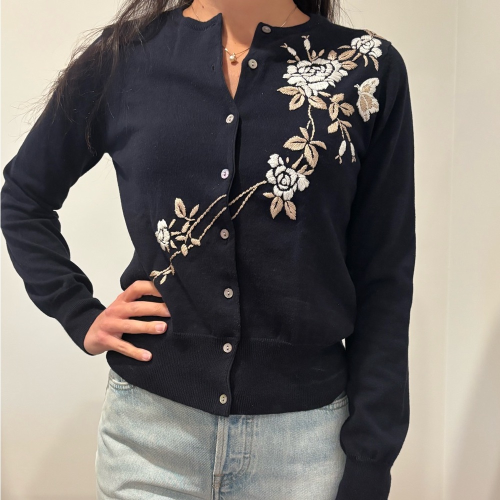 Floral Embroidered Navy Sweater